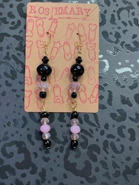 Black and Pink Beaded Dangle Earrings